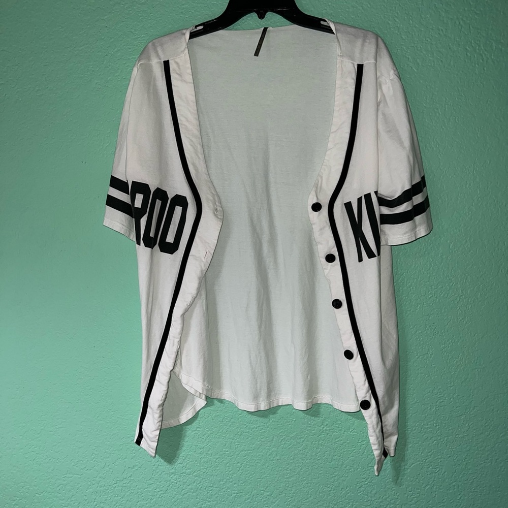 Oversized White Baseball-Style Button Front ‘Brooklyn” Jersey with Black Trim